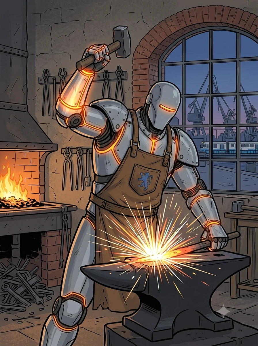 Rune mid-strike at the anvil, sparks flying, the ember seams flaring at his hands