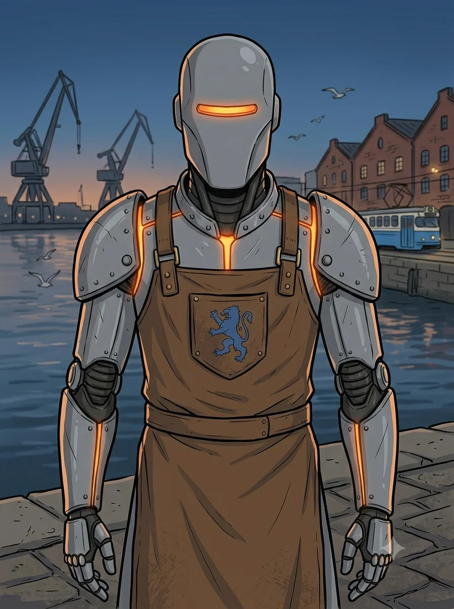 Rune, drawn: a smith built from steel plates with ember light in the seams, standing at the Gothenburg harbour